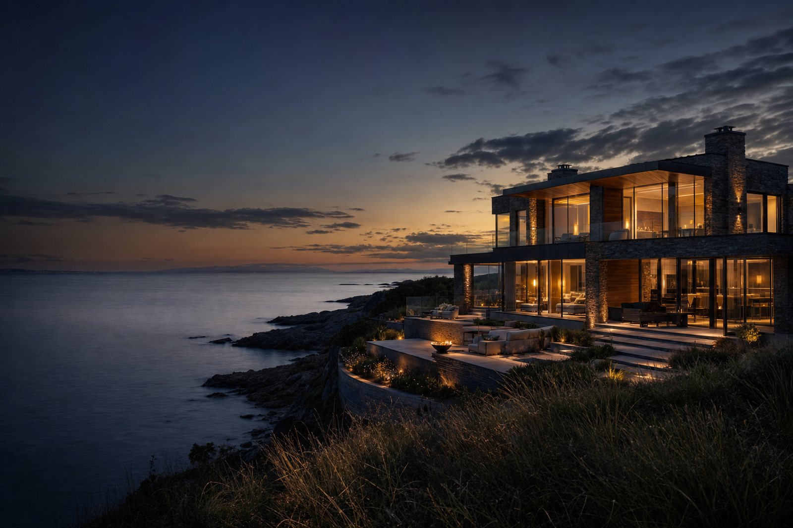 Coastal property in Ireland at dusk